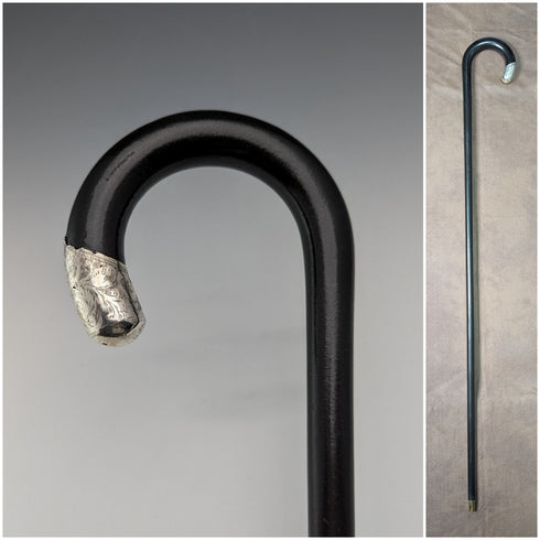 1928 British vintage gentleman's walking stick, pure silver decoration, black shaft, 91cm, A&S